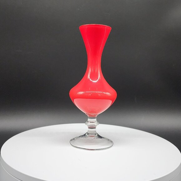 Vintage Red Glass Bud Vase With Clear Stem Solid Non Transparent Glass MCM 6.5" - Picture 2 of 7